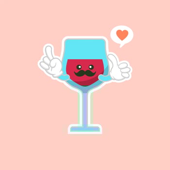 cute and kawaii glass of red wine, cartoon character design. Alcohol mascot. Transparent glass. Flat vector illustration isolated on color background
