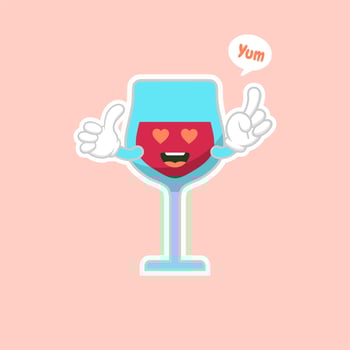 cute and kawaii glass of red wine, cartoon character design. Alcohol mascot. Transparent glass. Flat vector illustration isolated on color background