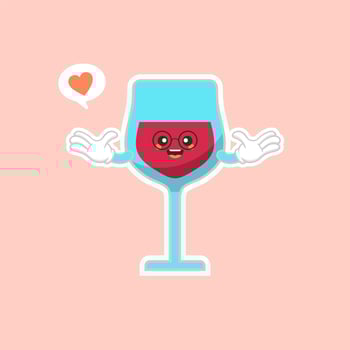 cute and kawaii glass of red wine, cartoon character design. Alcohol mascot. Transparent glass. Flat vector illustration isolated on color background
