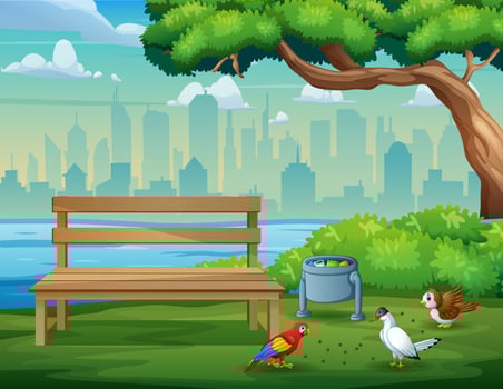 Cute three birds in park eat bread crumbs vector