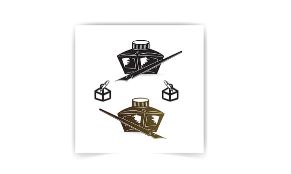 Feather in the black inkwell isolated on white background. Fountain pen nib flat icon vector