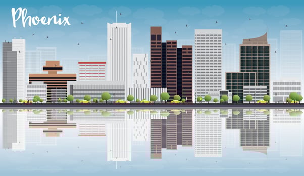 Phoenix Skyline with Grey Buildings, Blue Sky and reflections. vector