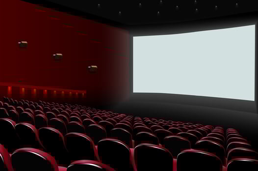 Cinema auditorium with red seats and white blank screen vector