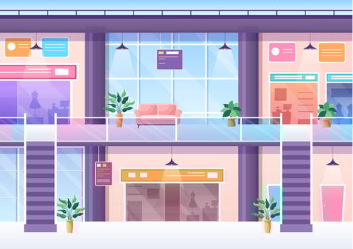 Shopping Mall Modern Background Illustration with Interior Inside, Escalator and Various Retail Store in Flat Style Design vector