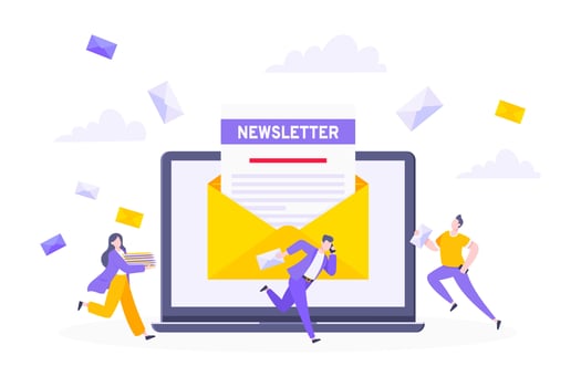 Subscribe now to our newsletter vector illustration with tiny people working with laptop, envelope and newsletter.