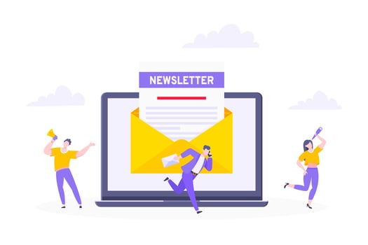 Subscribe now to our newsletter vector illustration with tiny people working with laptop, envelope and newsletter.