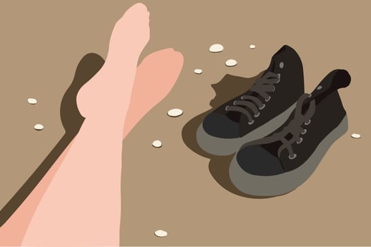 Abstract vector poster. women's feet on the beach. sneakers on the sand.