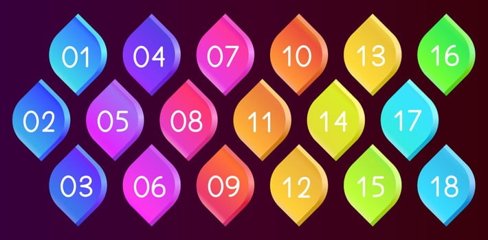 Bullet icons with numbers vector set. Gradient bullet points, isolated on a dark background. 3D rendering abstract leaf shapes with numbers. Number bullet points set, vector gradient markers.