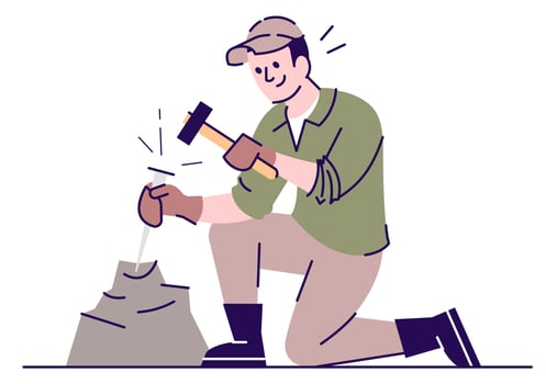 Archaeologist with excavation tools semi flat RGB color vector illustration