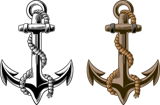 Hand drawn anchor with rope Isolated on white background. Black and white vector illustration of anchor done in woodcut style. Layered file for easier customization.