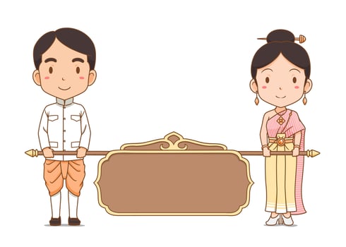 Cute couple in Thai traditional costume holding parade banner sign. vector