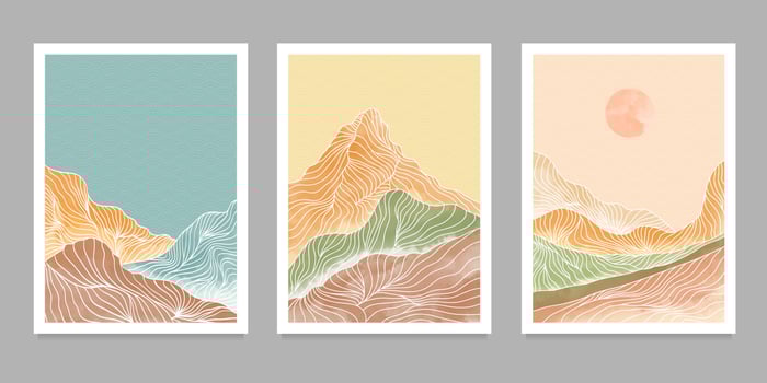 set of creative minimalist hand painted illustrations of Mid century modern. Abstract mountain contemporary aesthetic liquid marble canvas painting background vector