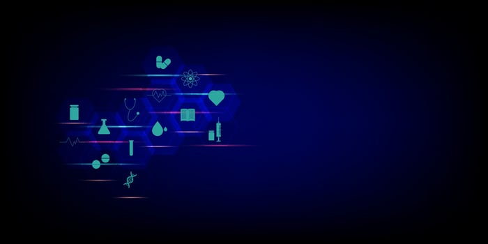 Telemediciene concept. Hexagonal shape with the icons of medical such as a syringe, drug, DNA, capsule, heart rate, and stethoscope on blue background. E-healthy and innovative medical diagnosis. vector
