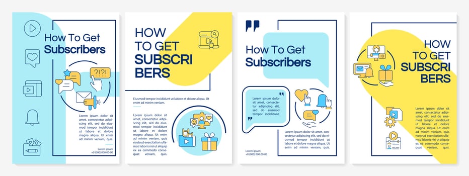 How to get subscribers blue and yellow brochure template. Booklet print design with linear icons. Vector layouts for presentation, annual reports, ads. Questrial-Regular, Lato-Regular fonts used