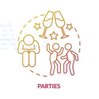 Parties red gradient concept icon. Fear of public places. Anxiety disorder trigger abstract idea thin line illustration. Isolated outline drawing. Roboto-Medium, Myriad Pro-Bold fonts used vector
