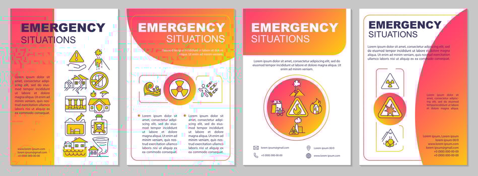 Emergency situations red brochure template. Disaster mitigation. Booklet print design with linear icons. Vector layouts for presentation, annual reports, ads. Arial, Myriad Pro-Regular fonts used