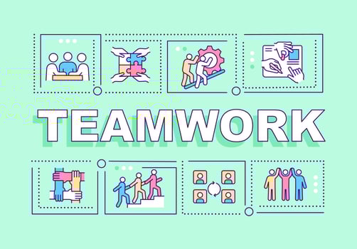 Teamwork word concepts green banner. Build productive team. Infographics with linear icons on background. Isolated typography. Vector color illustration with text. Arial-Black font used