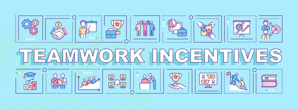 Teamwork incentives word concepts turquoise banner. Motivate workers. Infographics with linear icons on background. Isolated typography. Vector color illustration with text. Arial-Black font used