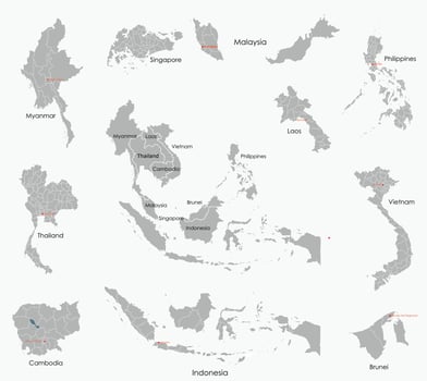 Doodle freehand drawing map of countries of South east Asia. vector