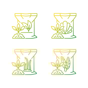 Natural plant meal gradient linear vector icons set. Shell, feather powder. Byproduct used as additive. Growth booster. Thin line contour symbols bundle. Isolated outline illustrations collection