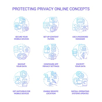Protecting privacy online concept icons set. Personal data safety online idea thin line color illustrations. Tips to save information from hackers. Vector isolated outline drawings
