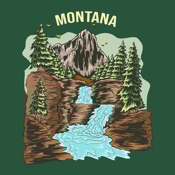 Vintage waterfall and mountain in forest illustration artwork vector