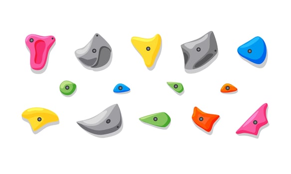 Grippers for climbing in the gym, imitation of a rock. Various fasteners. Cartoon set on a white isolated background. vector