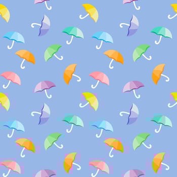 Seamless background with various colored umbrella patterns on blue background. vector