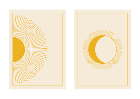 Boho wall art posters with moon phases. Minimal trendy style. Pastel colors. Design for wallpaper, wall decor, print, background, card, social media. Vector illustration.