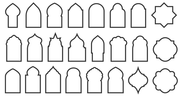 Arabic arch windows and doors. Set of silhouettes of islamic badges. Traditional architecture elements isolated on white background. Vector