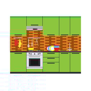 Kitchen interior vector room home illustration furniture flat apartment. Design modern table style living stove