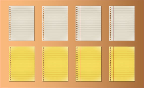 Set realistic old empty paper page vector illustration. Lined mock up template