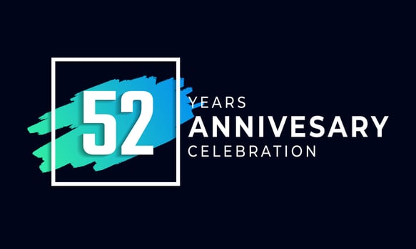 52 Year Anniversary Celebration with Blue Brush and Square Symbol. Happy Anniversary Greeting Celebrates Event Isolated on Black Background vector