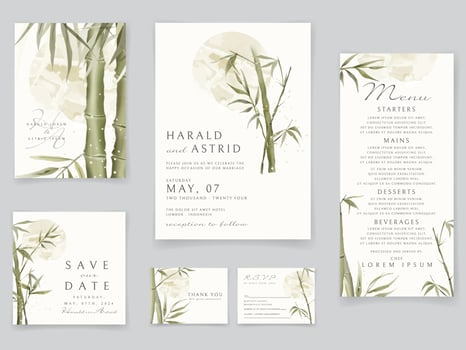 Wedding invitation cards set with elegant bamboo hand drawn vector