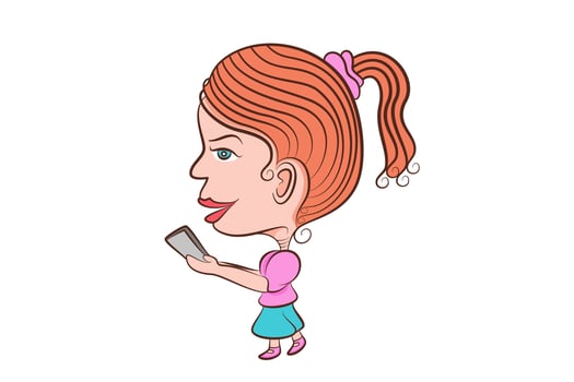 Cartoon character illustration woman holding phone on white background isolated, social media, communication technology vector