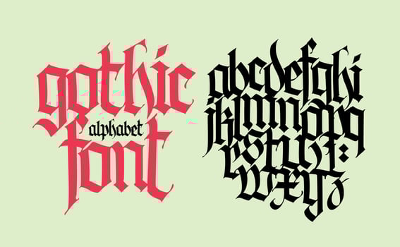 Gothic. Vector. Lowercase letters on a gray background. Beautiful and stylish calligraphy. Elegant font for tattoo. Medieval European modern style. All Latin letters are written with a pen. vector