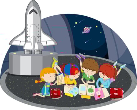 Astronomy theme with kids and spaceship vector