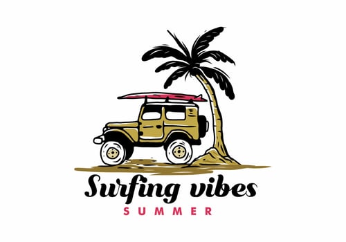 Illustration drawing of off road car with surfing board on the beach vector