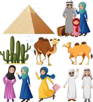 Arabic people with camel and cactus plants vector