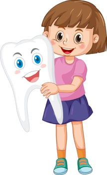 Happy kid holding a big tooth on white background vector