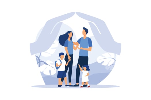 happy prosperous family in flowers, mother father daughter son cuddling together near family protection vector Family conflict flat modern design illustration
