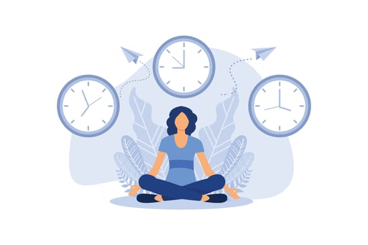 concept of meditation during working hours, break, health benefits of the body, mind and emotions, thought process vector flat modern design illustration
