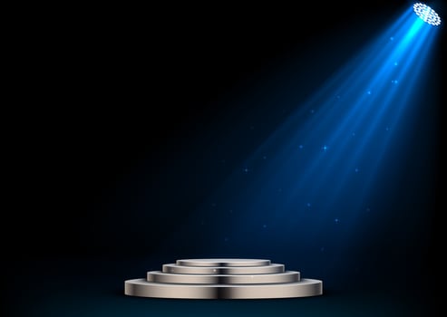 Round white podium and spotlights on dark background vector