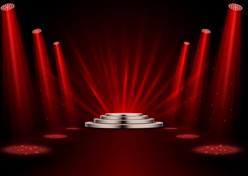 Red spotlights with white podium on dark background vector
