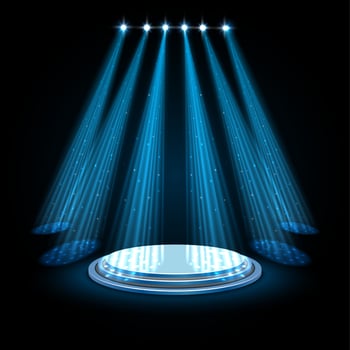 Blue spotlights with white podium on dark background vector