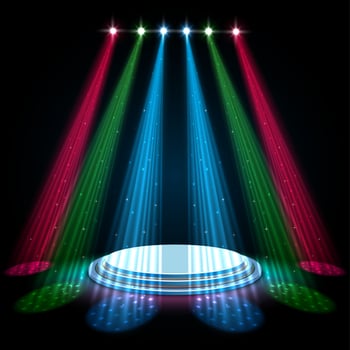 Colorful glow spotlights with white podium on dark background vector