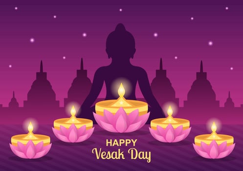 Vesak Day Celebration with Temple Silhouette, Lotus Flower Decoration, Lantern or Buddha Person in Flat Cartoon Background Illustration for Greeting Card vector