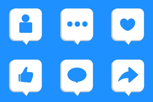 Set of 3d realistic bubbles with social media and digital marketing notification icons. Follow, comment, like, share, thumbs, love icon in dialog, chat, speech bubble collection for social network. vector