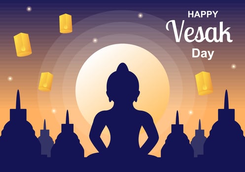 Vesak Day Celebration with Temple Silhouette, Lotus Flower Decoration, Lantern or Buddha Person in Flat Cartoon Background Illustration for Greeting Card vector