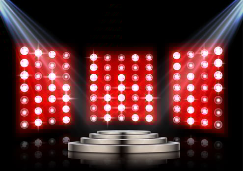 Stage podium with spotlights and red stagelight background vector
